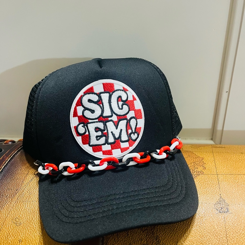Black Trucker Hat with Red and White Chain Detail